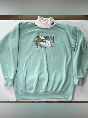 Vintage 90s Woolrich Winter Cabin Scene Sweatshirt Mock Neck CottageCore
